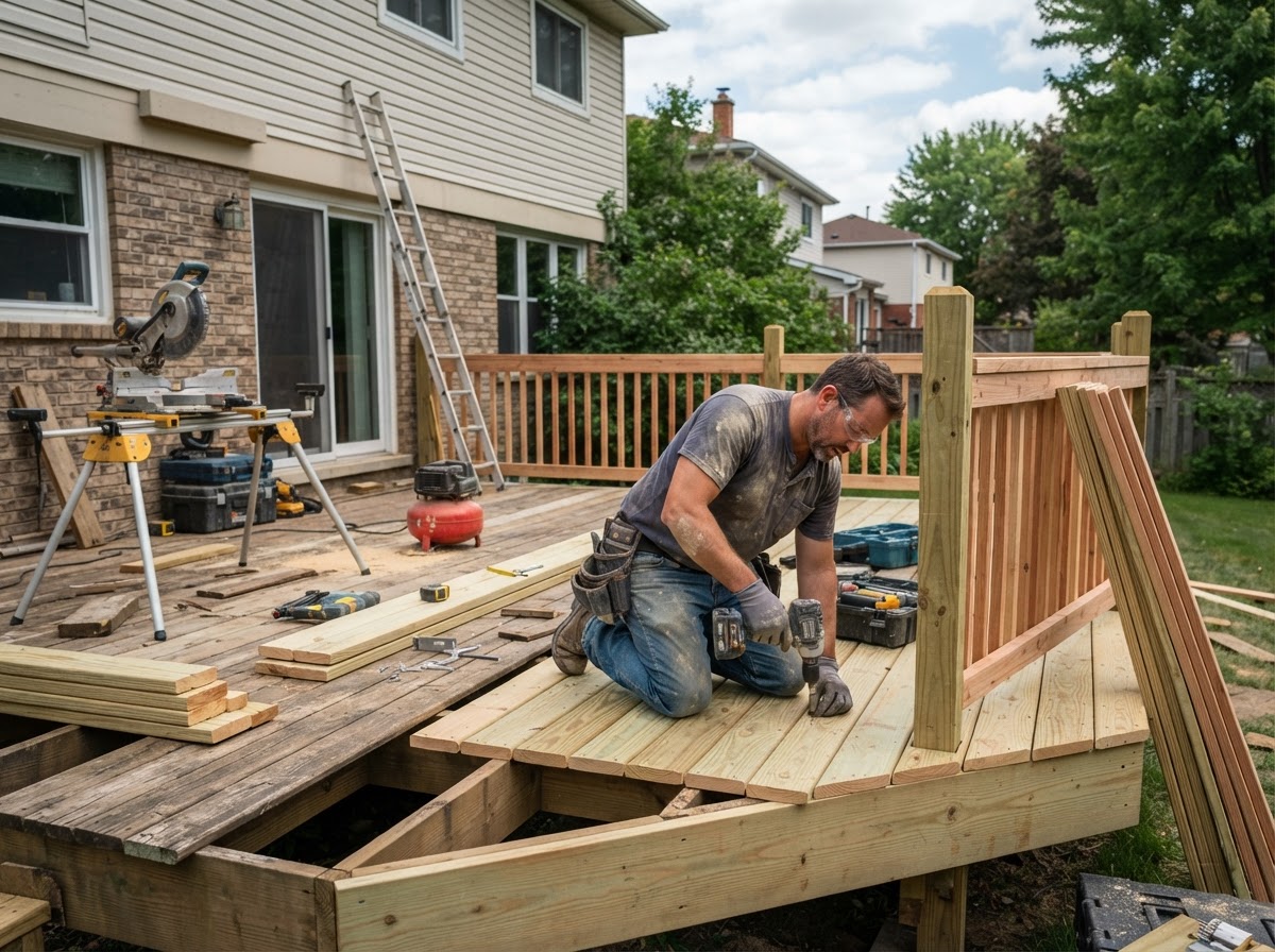 Deck repair replacing worn boards, rails, and fasteners on a Hazelwood deck