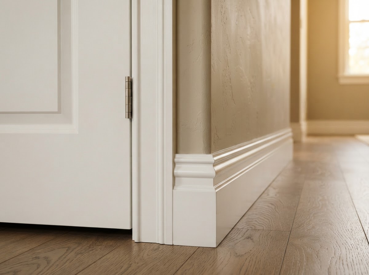 Finished casing and baseboard transition with tight cope joints in a Hazelwood interior