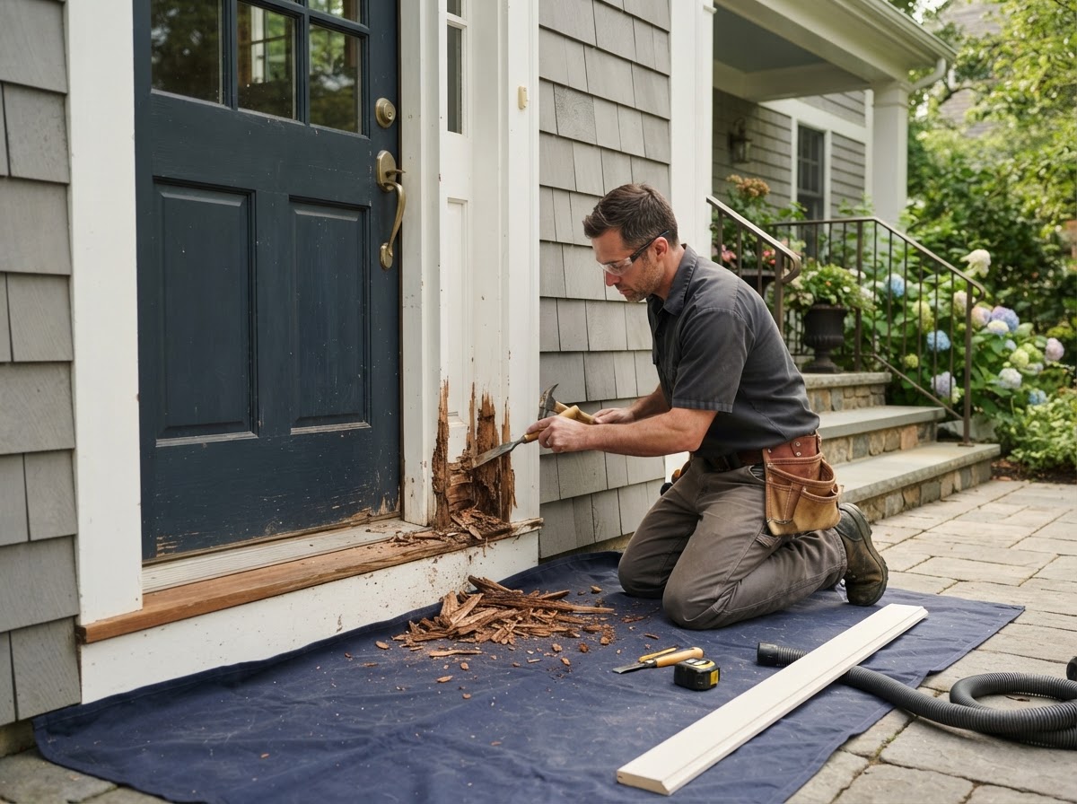 Professional carpenter replacing localized deteriorated rotten wood around an exterior door trim area in Hazelwood