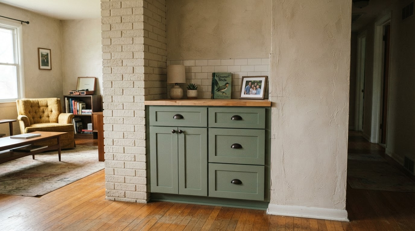 Fitted custom cabinetry installed in an alcove of an established Florissant-style mid-century home interior