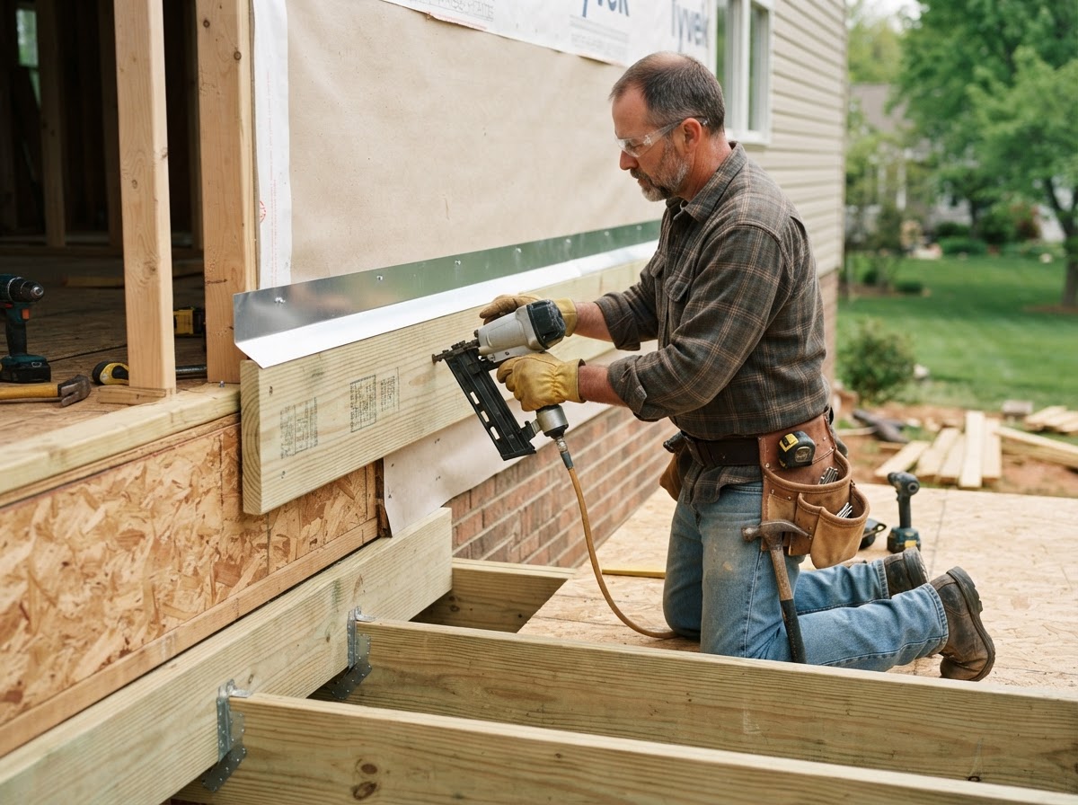 Carpenter installing a ledger board and flashing where a new deck meets a house in a Hazelwood backyard