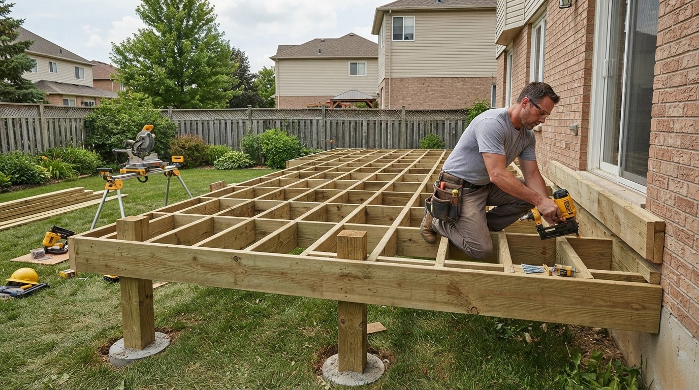 Carpenter framing a new residential deck in a flat Florissant-style suburban backyard