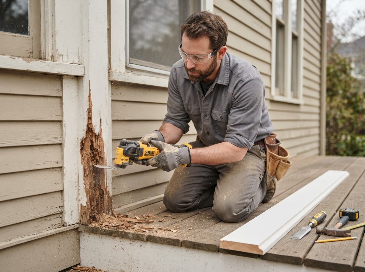 Carpenter cutting out a section of localized wood rot in exterior trim with replacement material staged nearby in Hazelwood