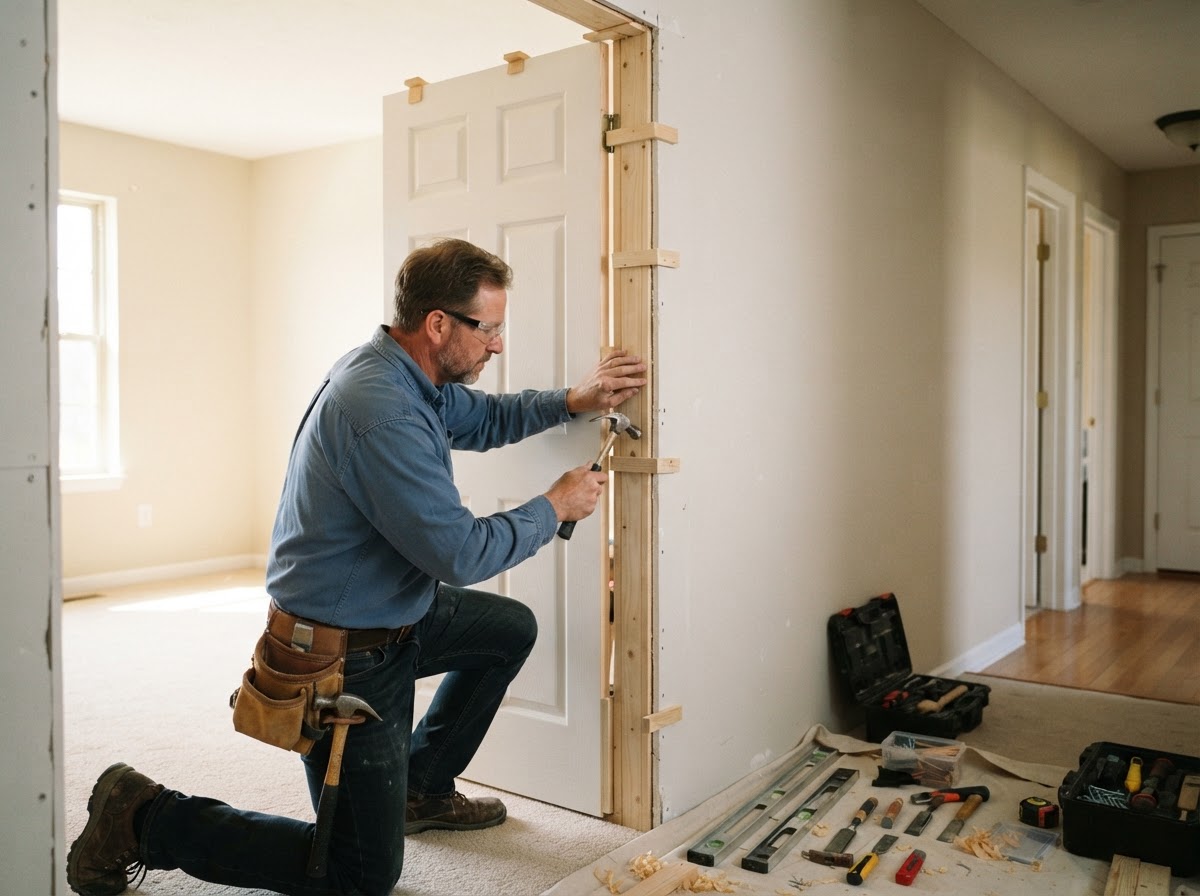 Carpenter installing a prehung interior door and fitting the jamb with shims in a Hazelwood home