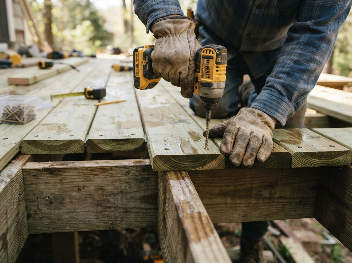 Carpenter installing pressure-treated deck boards across joists in a Florissant deck project