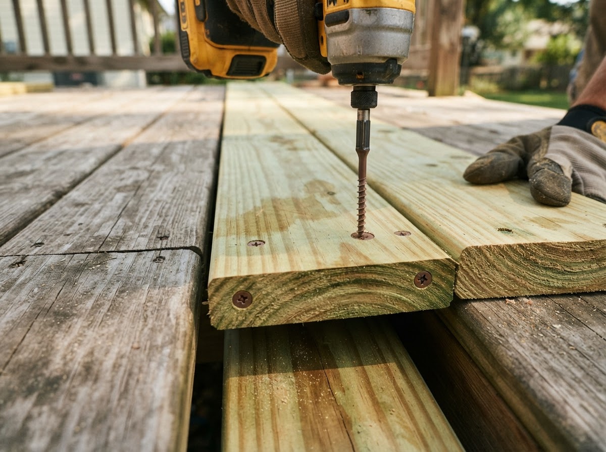 Deck board and surface repair replacing worn split boards on a Hazelwood deck
