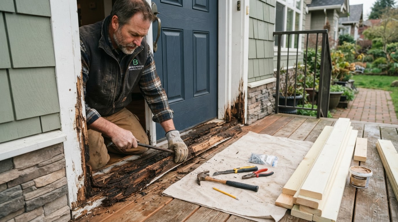 Carpenter evaluating and repairing damaged residential wood around a door area in a Hazelwood home