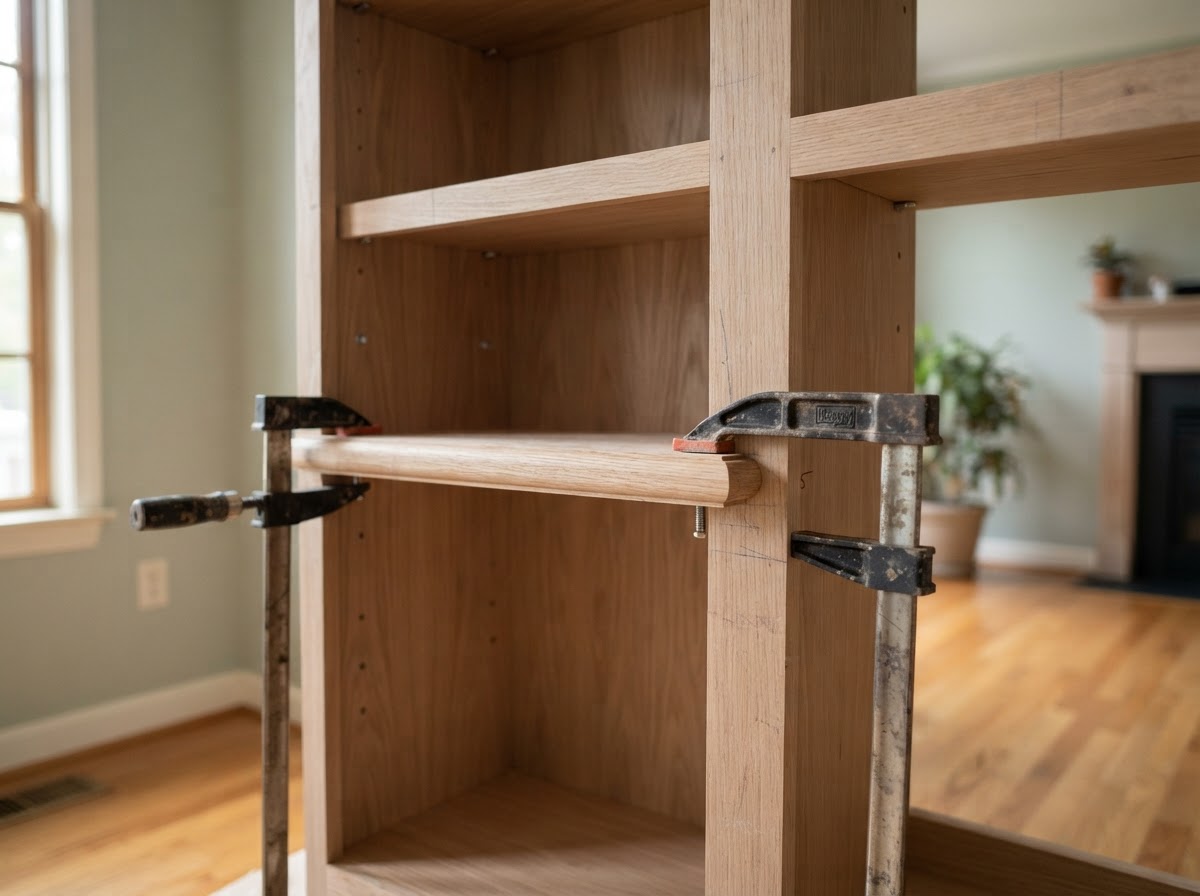 Built-in shelving face frame and solid wood shelf edging detail with shelf pins and clamps