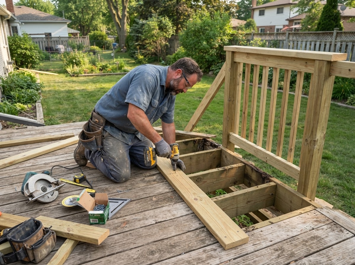 Residential deck construction framing with posts beams and joists in a Florissant backyard