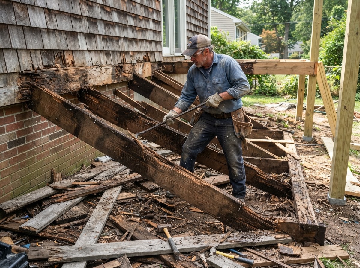 Carpenter removing an old deteriorated deck frame during a full deck rebuild in Hazelwood