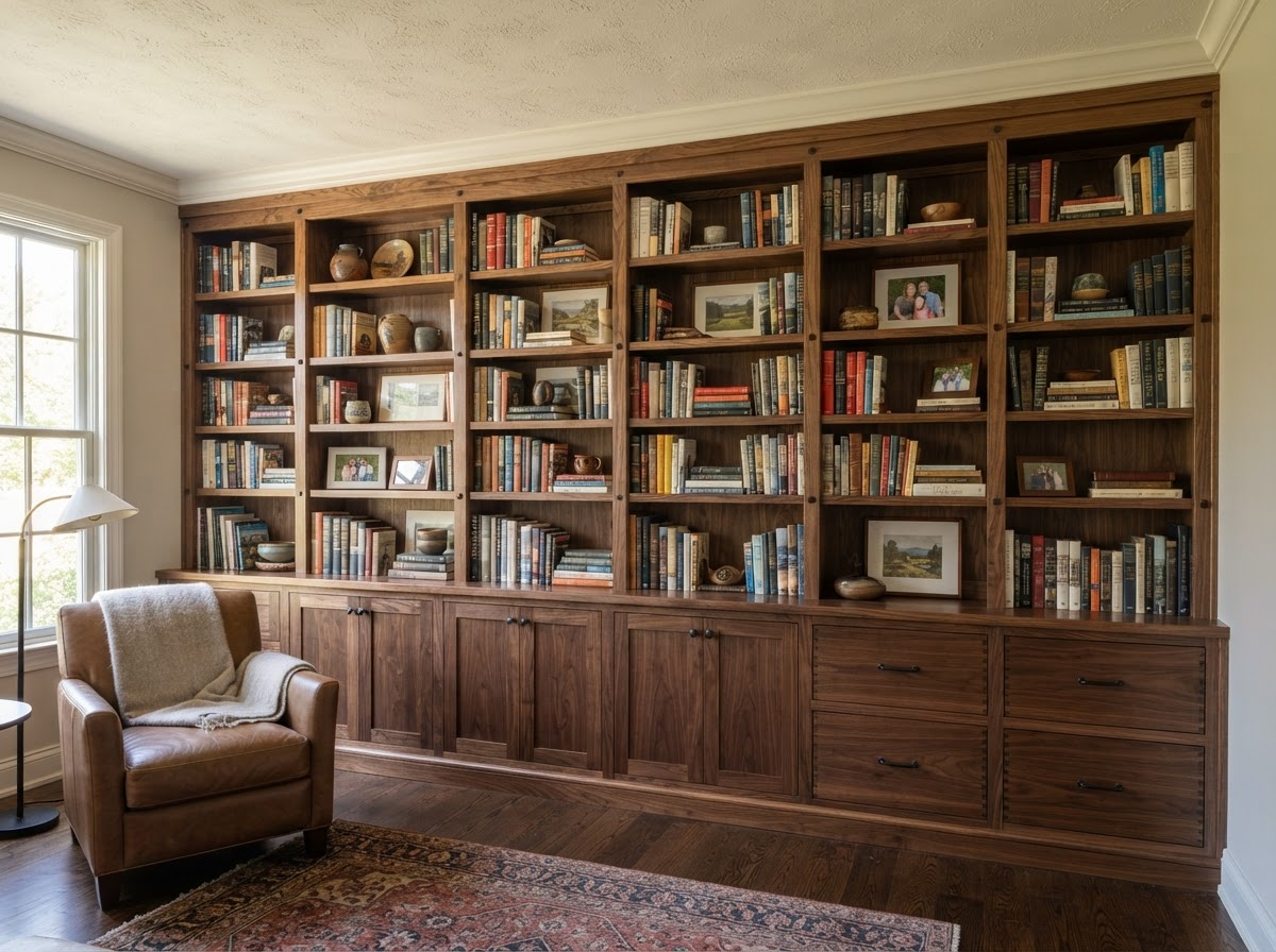 Built-in bookcase and shelving fitted wall to wall in a Hazelwood residence