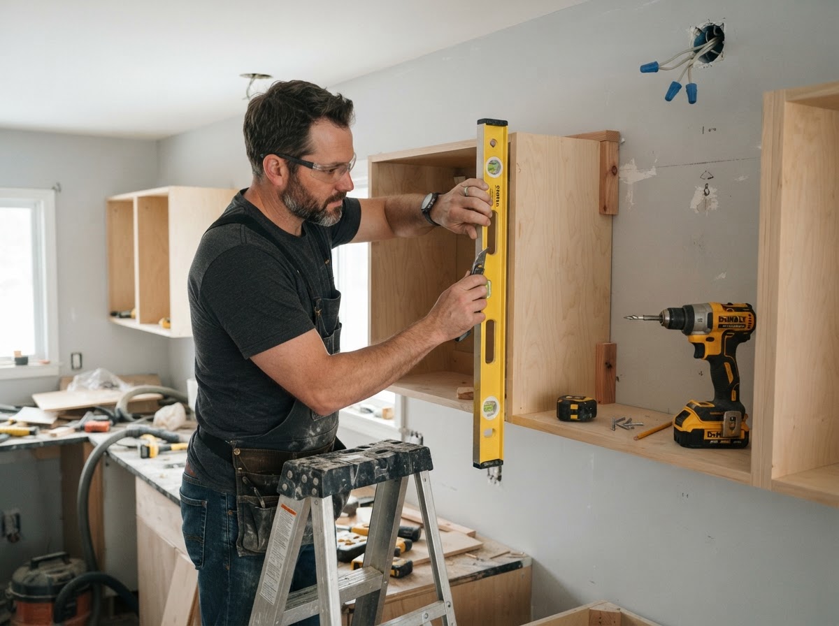 Cabinet installation with a level and shims aligning cabinet boxes to framing