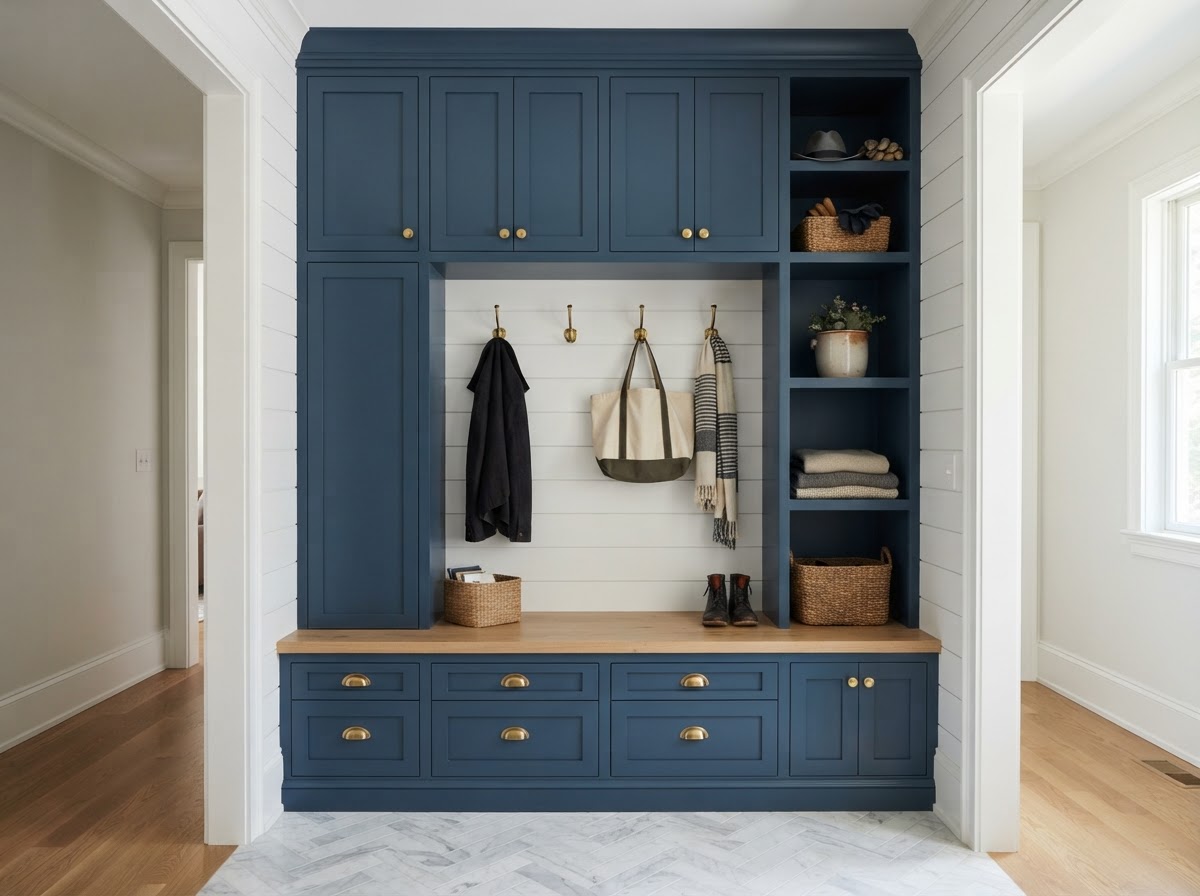 Finished custom storage built-in with doors, drawers, shelves and consistent reveals