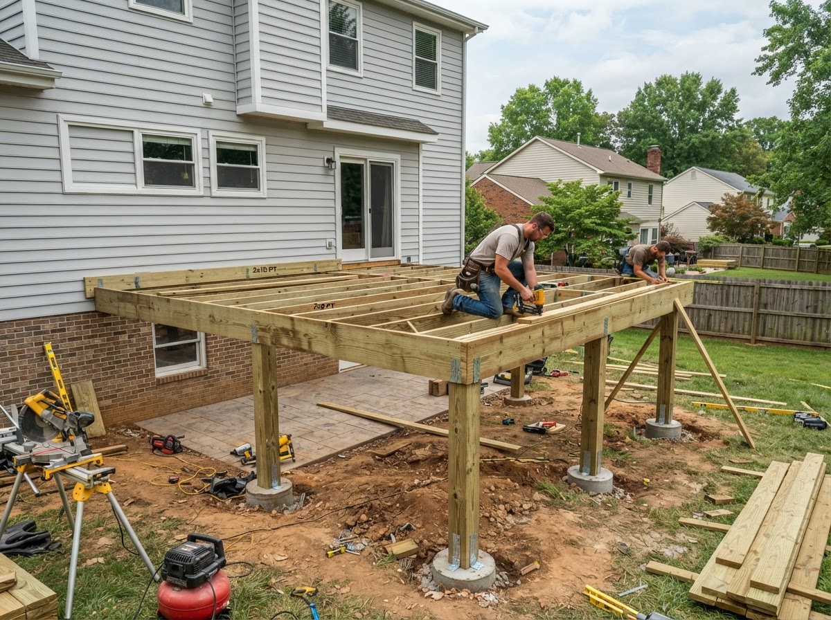 Framing and structural carpentry repair context in a residential structure