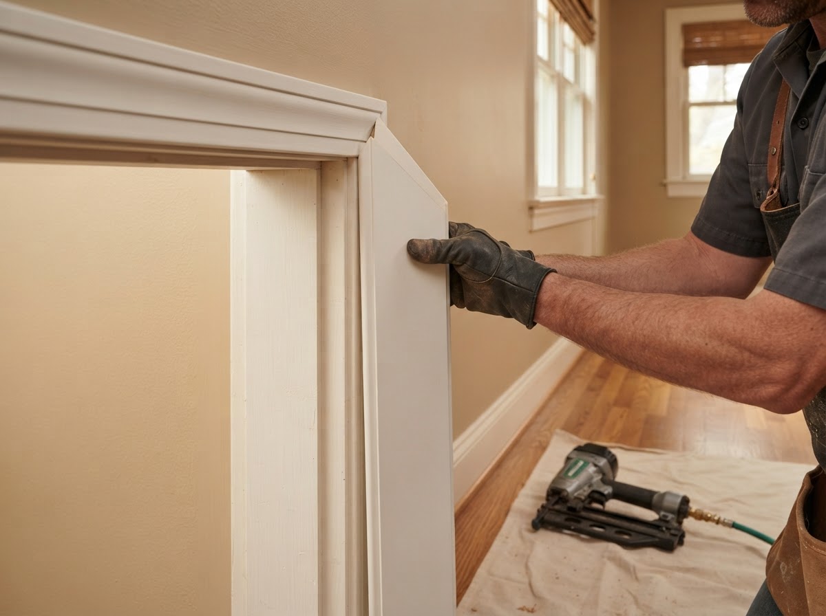 Carpenter fitting interior door casing and window trim in an established Hazelwood residential interior