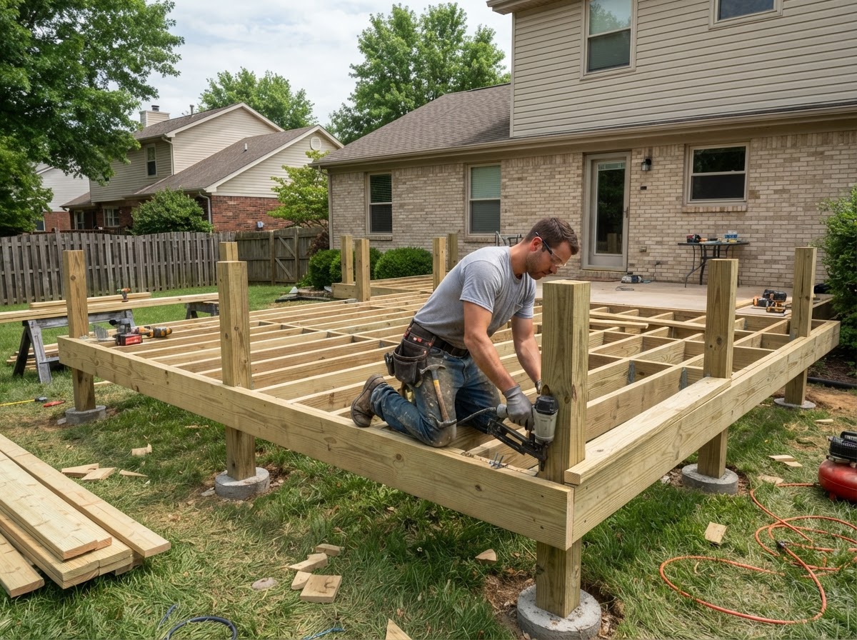 Carpenter constructing a residential backyard deck with posts beams and joists in Hazelwood