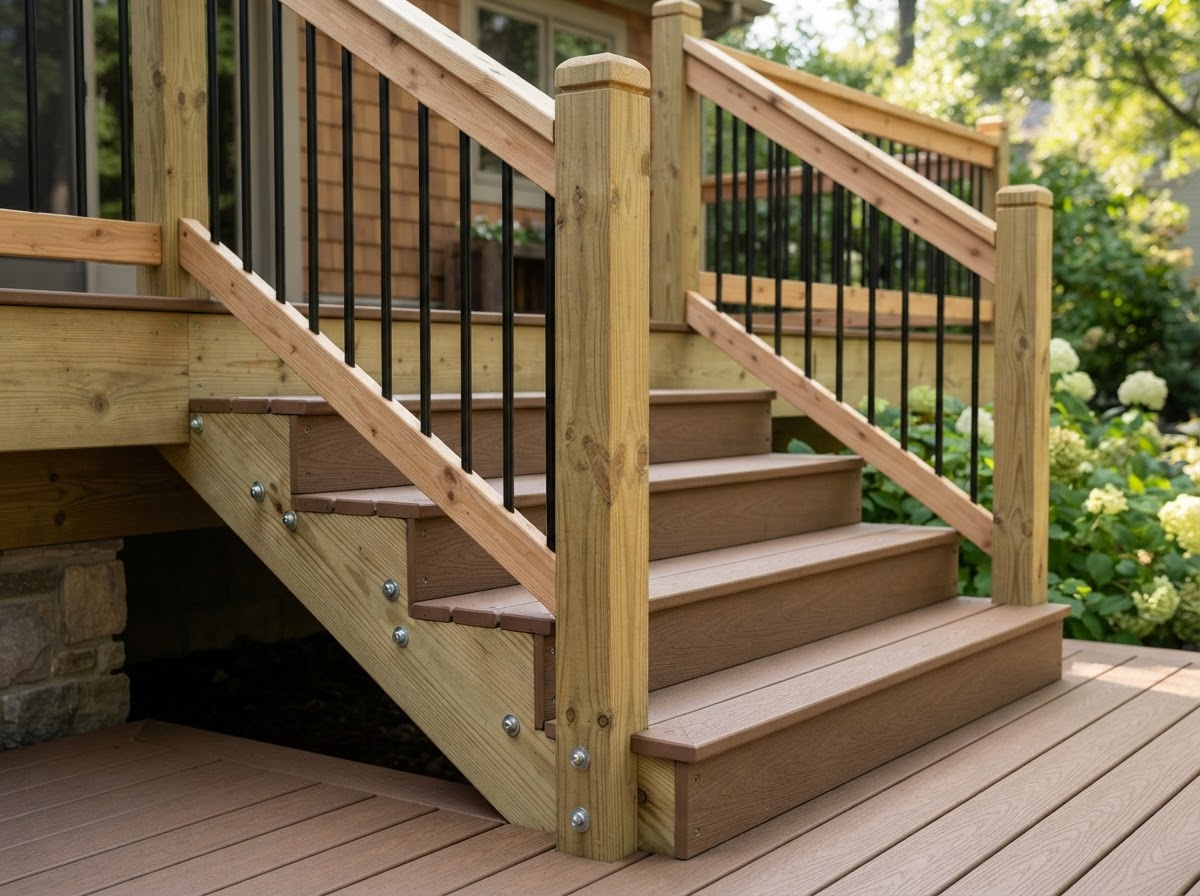 Finished deck stairs and guardrails with treads, stringers, and rail posts in a Florissant deck project