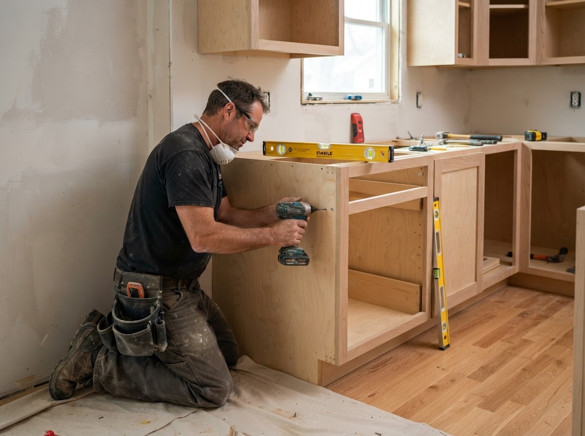 Custom cabinetry being fitted with cabinet-grade plywood and face frames inside a St. Charles residential interior