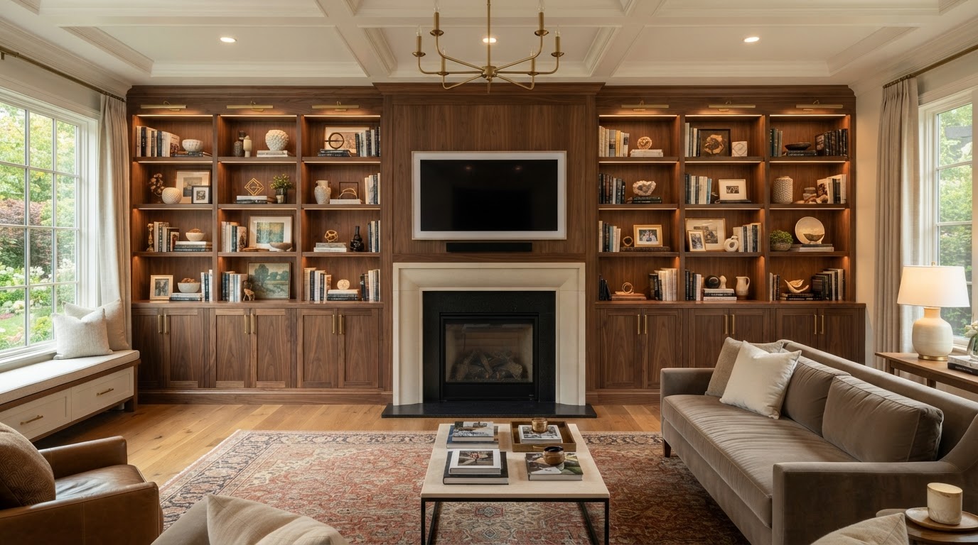 High-detail custom cabinetry and built-in shelving being fitted inside a larger Creve Coeur suburban living room interior