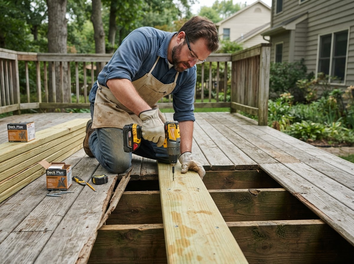 Deck surface board replacement with new pressure-treated lumber on a Hazelwood deck