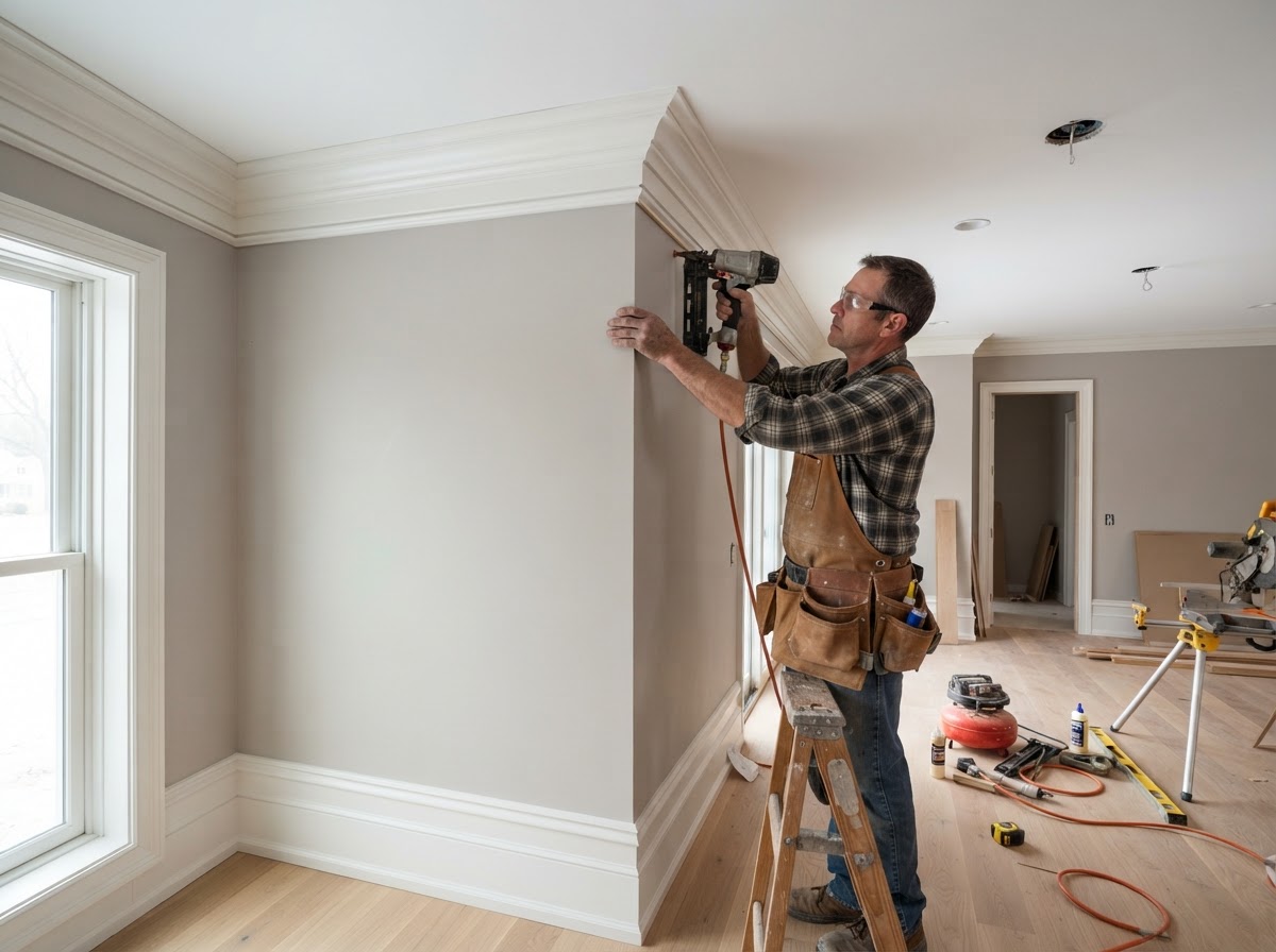Detailed finish carpentry with crown molding and baseboard installation in a refined Creve Coeur residential interior