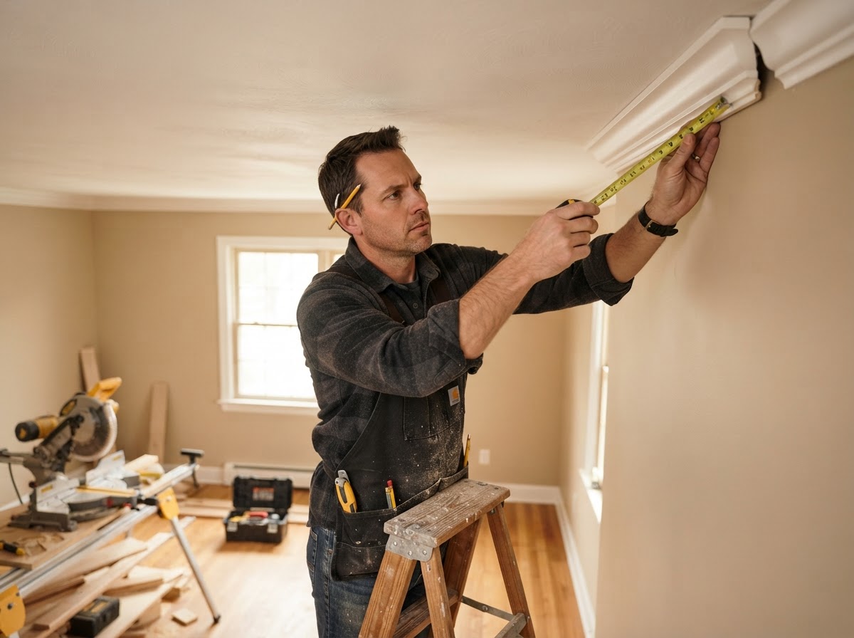 Carpenter measuring and fitting crown molding at a ceiling corner in a Hazelwood residence