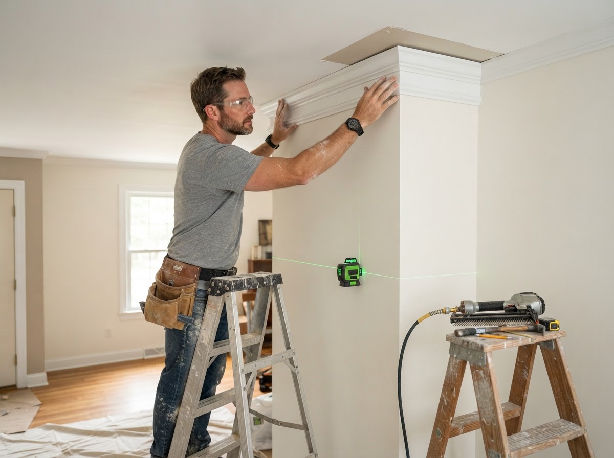 Carpenter positioning a length of crown molding at the wall-ceiling junction