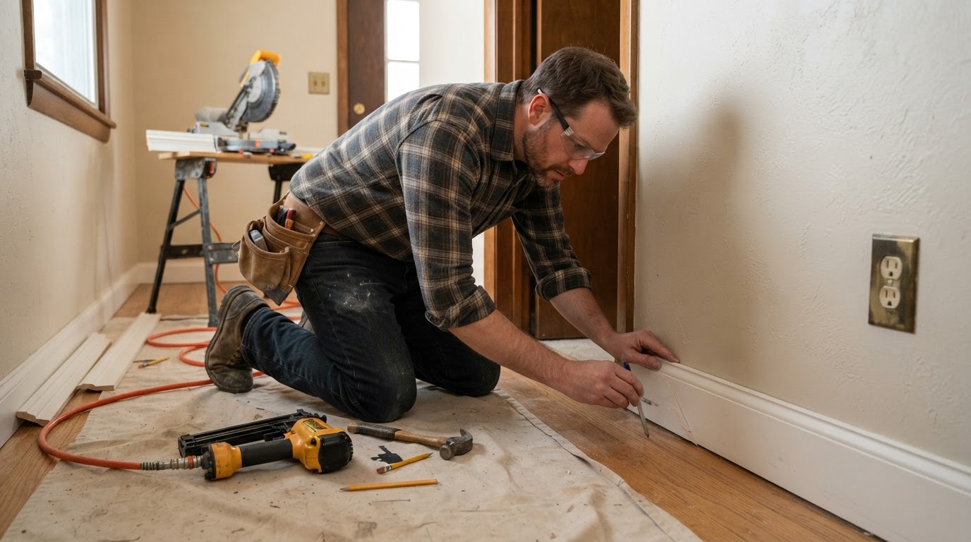 Carpenter installing baseboard and casing trim in an established 1970s-1990s Bridgeton-style home interior