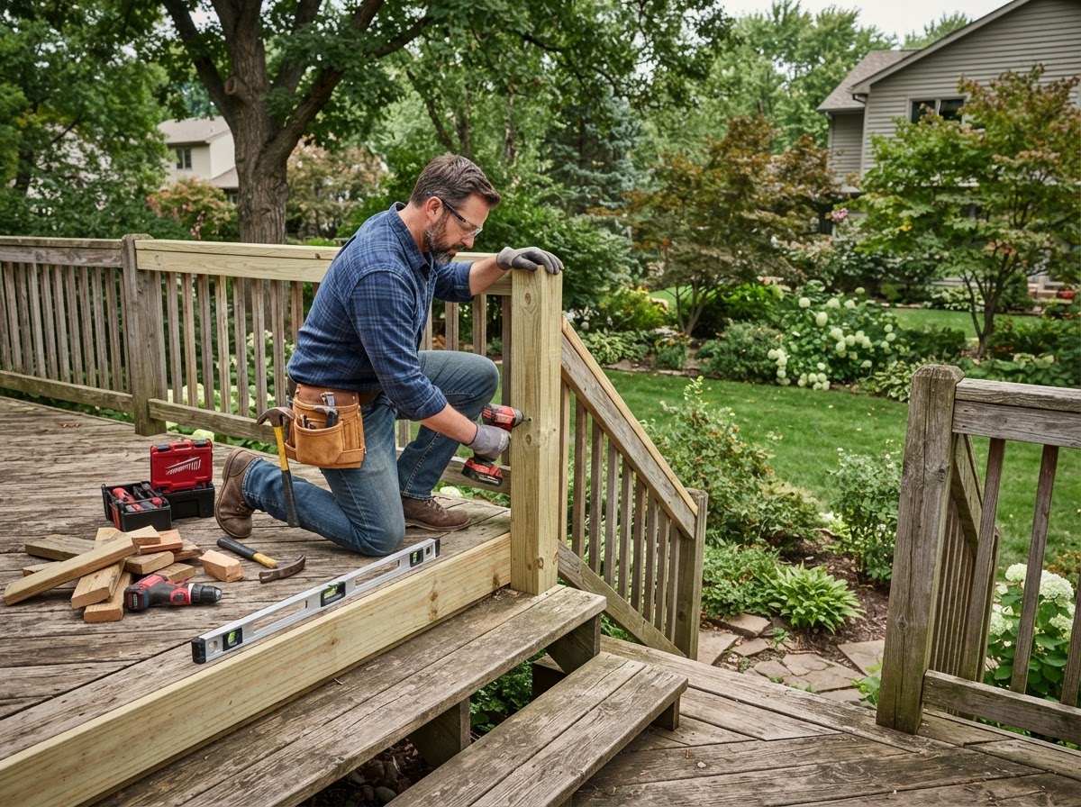 Carpenter repairing a loose deck railing and stair component in a Bridgeton backyard