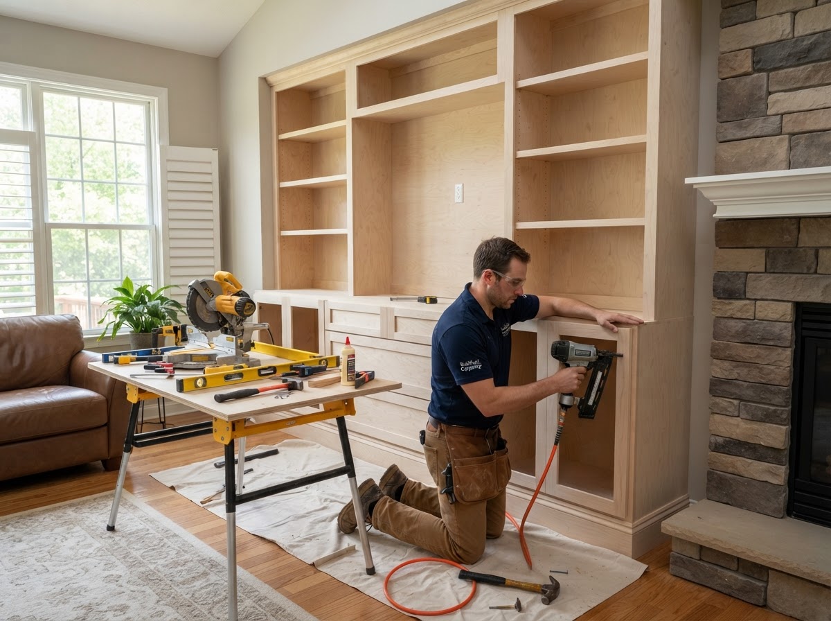 Custom built-in cabinetry and shelving being fitted with cabinet-grade plywood and face frames inside a suburban St. Louis County living room