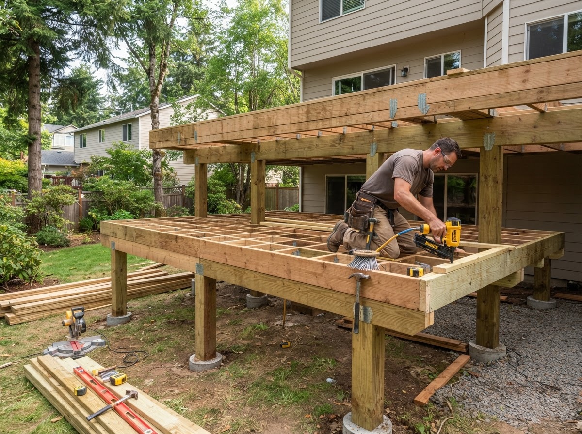 Residential deck construction with posts beams and joists using pressure-treated lumber in a St. Charles backyard
