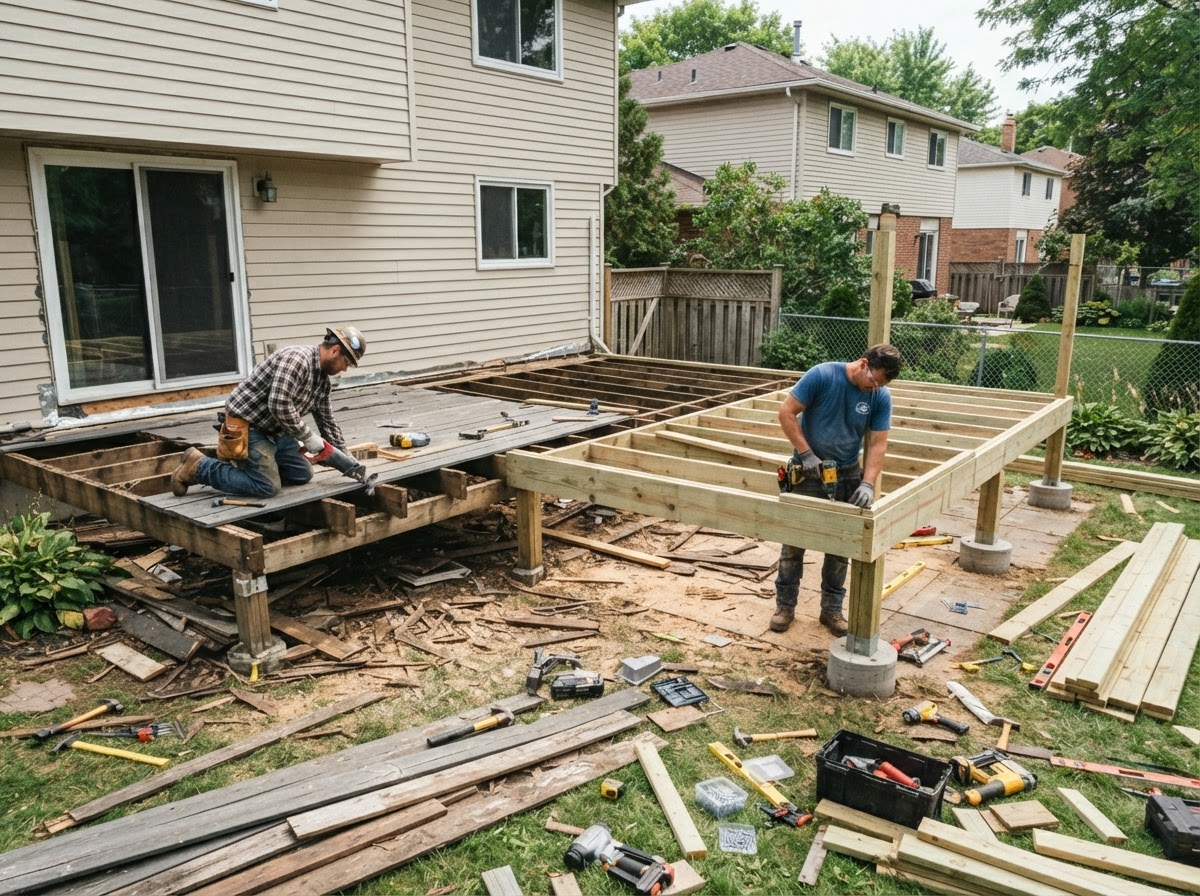 Professional deck rebuild context with existing deck being dismantled and reconstructed in Hazelwood
