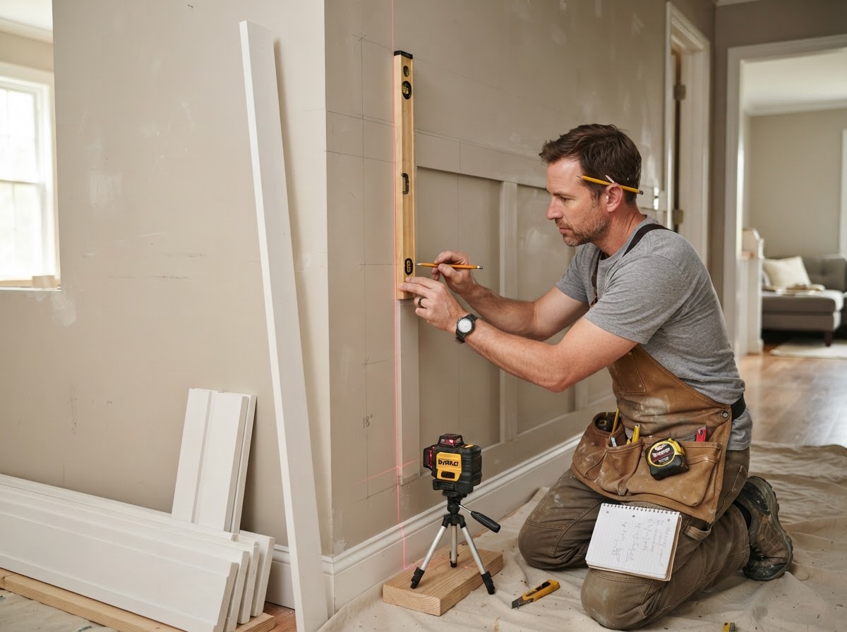 Carpenter laying out wainscoting with a laser level on an interior wall in Hazelwood