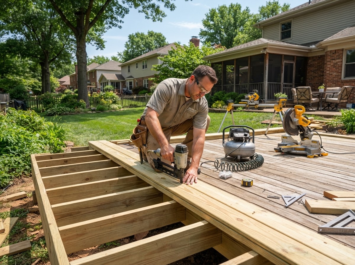 Carpenter repairing a residential backyard deck with pressure-treated lumber in a suburban St. Louis County yard