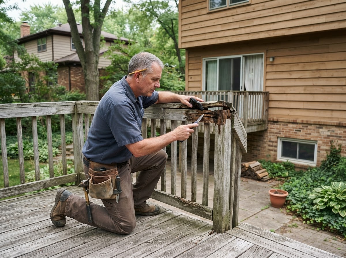 Deck board and railing repair with pressure-treated lumber in a Bridgeton backyard