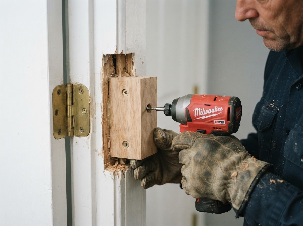 Carpenter repairing a split door jamb with replacement material in a Bridgeton home