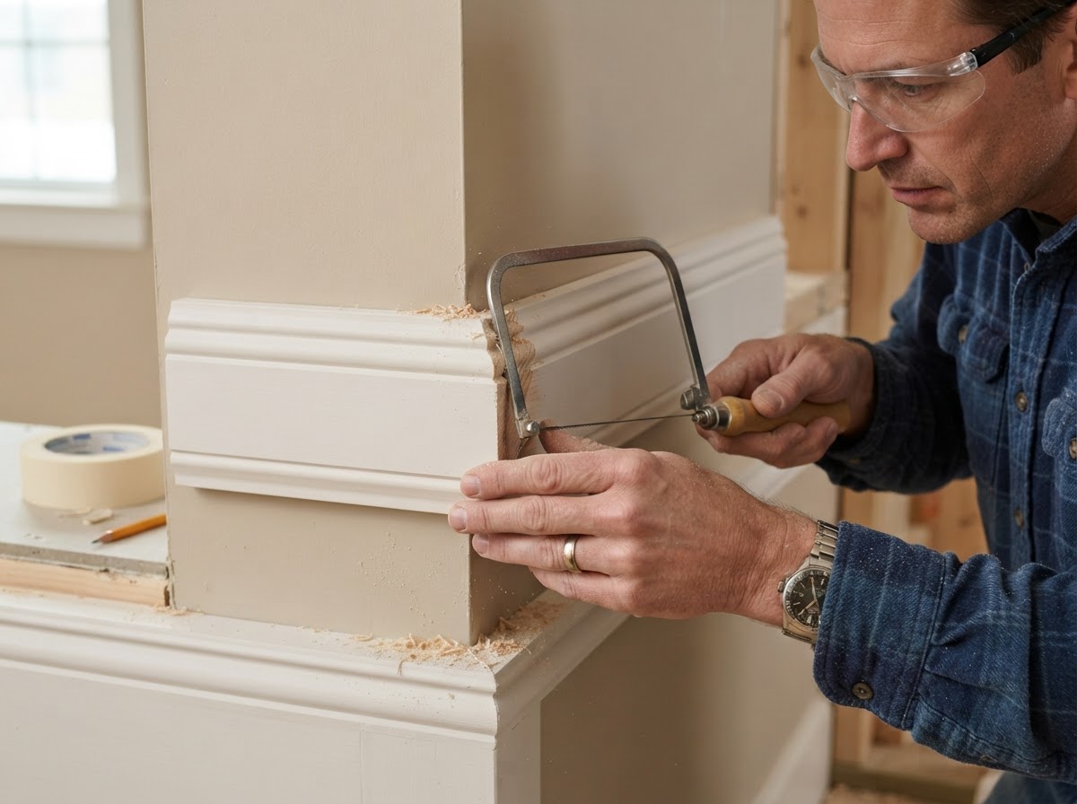 Carpenter coping an inside corner joint on interior decorative molding