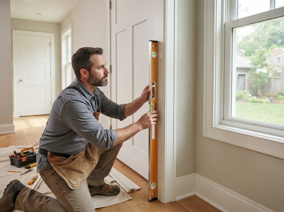 Door and window casing installation with consistent reveals in a renovated suburban interior