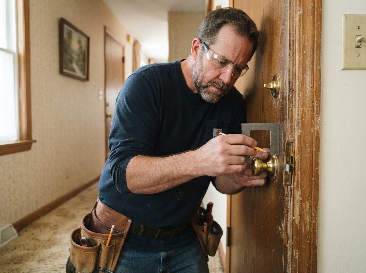 Carpenter adjusting a strike plate to correct latch alignment in a Bridgeton home