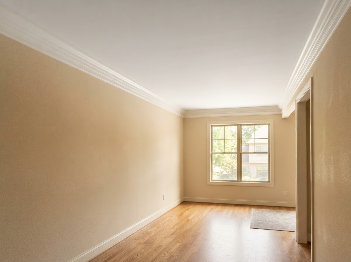 Finished room ceiling transition with consistent crown molding profile and tight corners