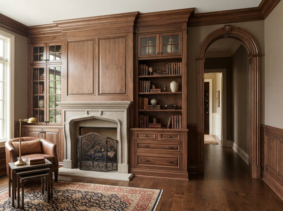 Finished custom cabinetry aligned with existing architectural trim and reveals in a traditional interior