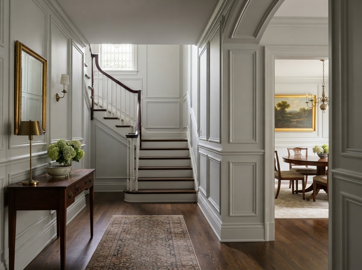 Wainscoting and decorative wall paneling in a Hazelwood dining room entryway