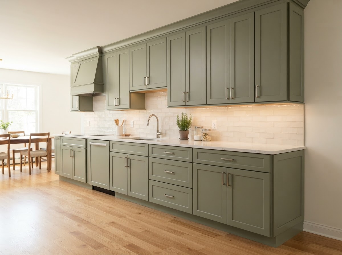 Finished aligned cabinet run with filler strips and consistent door and drawer reveals