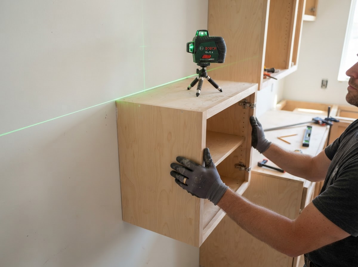 Wall cabinet installation with laser level reference line and secure support