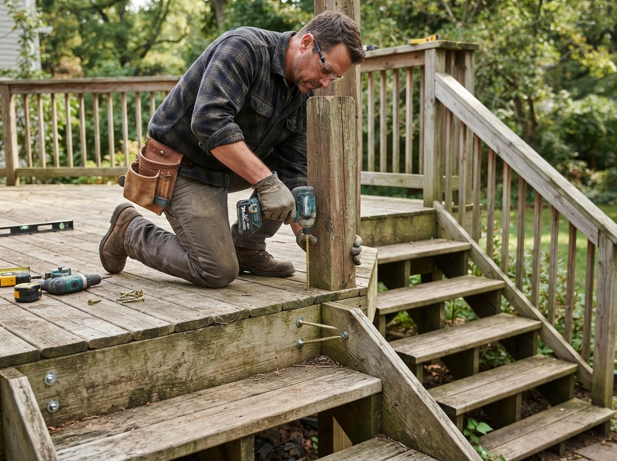 Carpenter tightening a loose deck railing post and stair stringer with structural fasteners