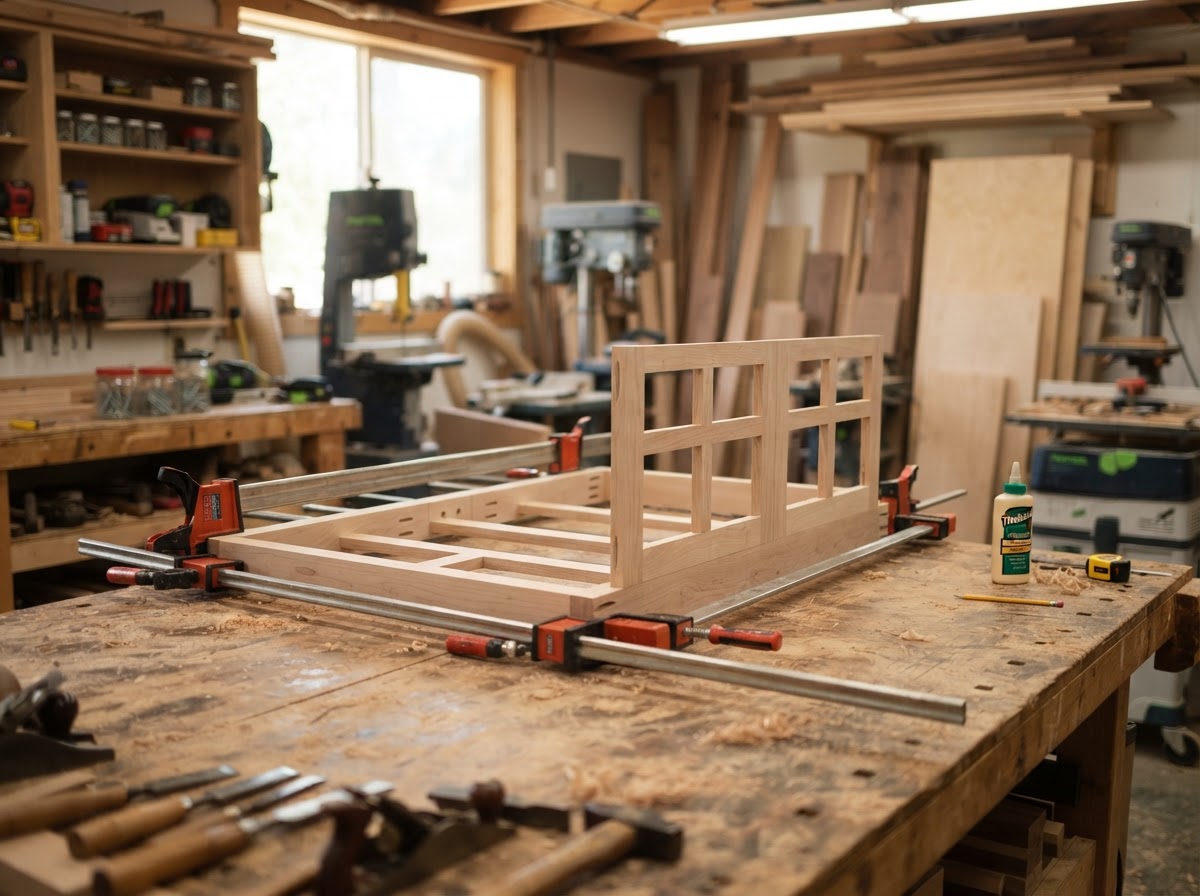 Cabinet face frame and door components assembled with clamps