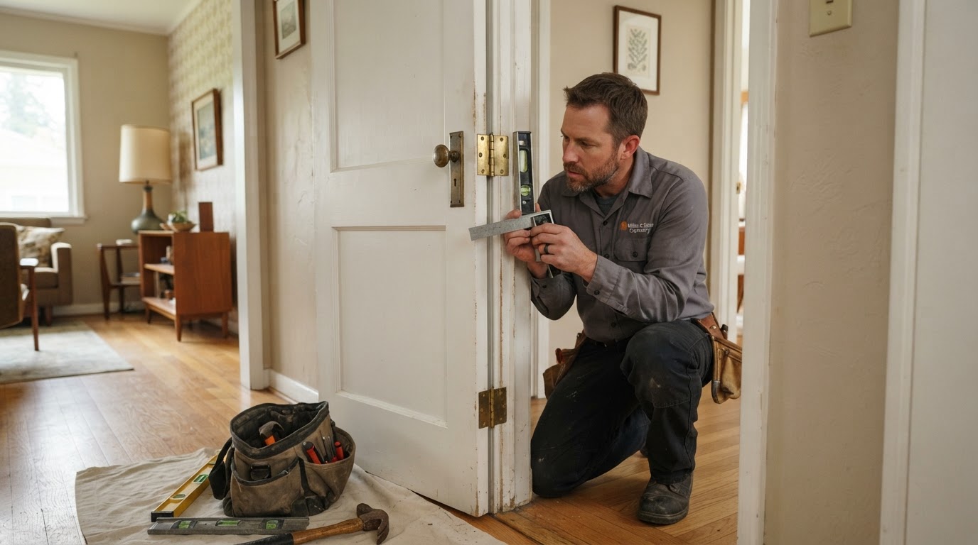 Carpenter evaluating a sticking interior door in a small established postwar St. Ann-style suburban home