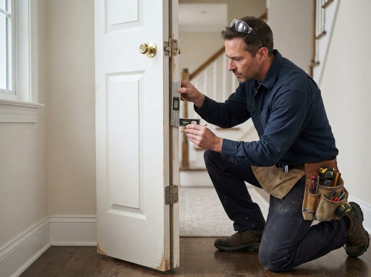 Carpenter evaluating a sticking sagging residential door and checking hinge alignment in a Hazelwood home