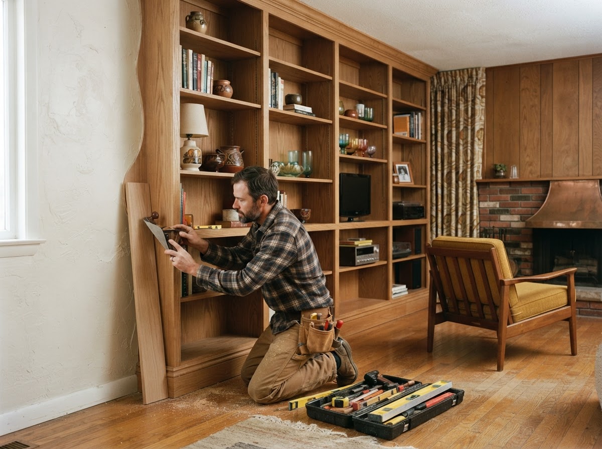 Wall-to-wall built-in bookcase with face frames and adjustable shelves in a Maryland Heights living room