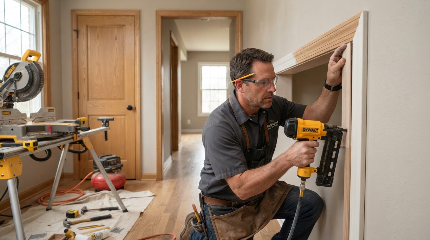 Carpenter fitting interior door casing and trim in an established Hazelwood residential interior